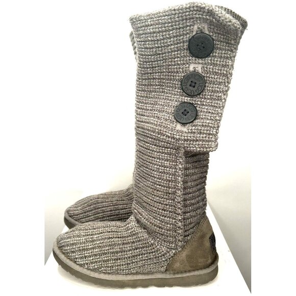 UGG Australia Womens Boots Cardy Wool Cable Knit Tall Foldable Button Gray Sz 7 - Picture 4 of 15
